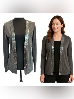 Women's Gray Open-Front Cardigan with Silver Sequin Trim Sz M